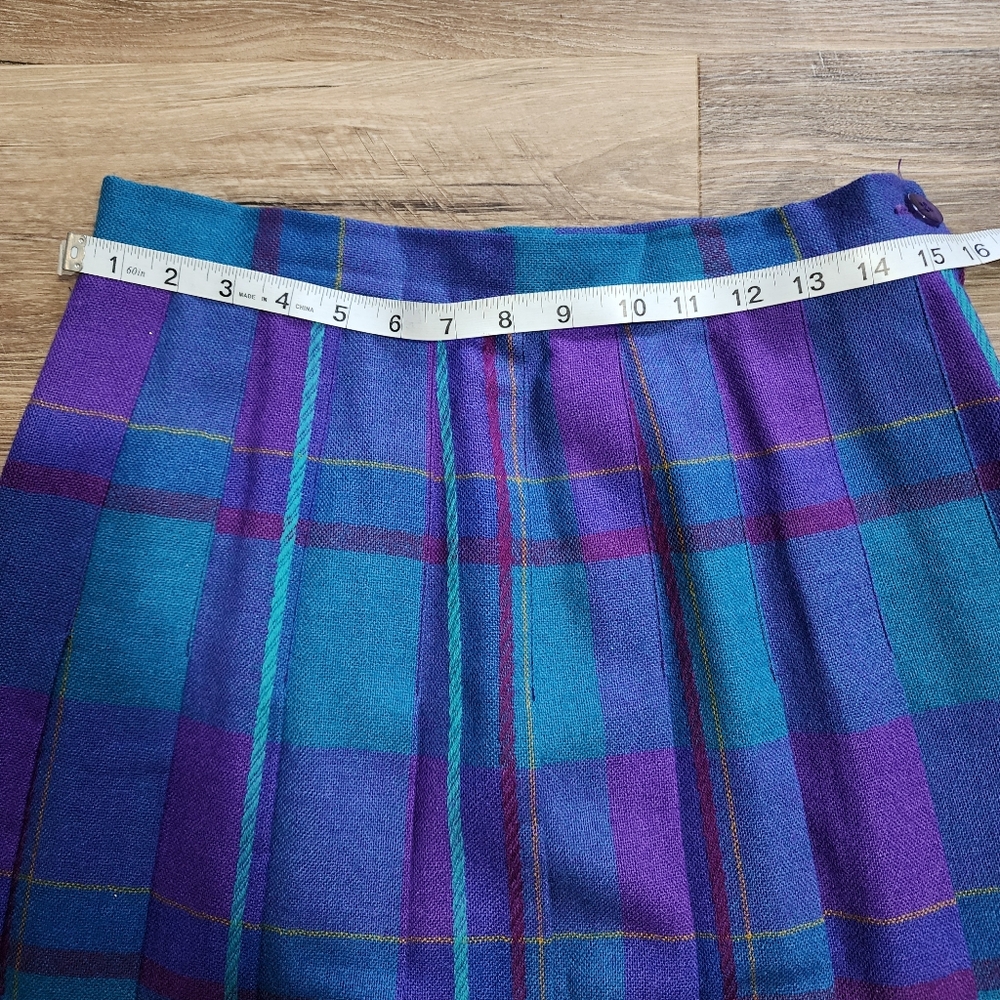 VTG 1987 TJ Thermo Jac Pure Wool Pleated Midi Skirt Teal/Purple Plaid Waist 30" - Picture 5 of 10